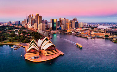 Sydney Opera House and harbour at dusk, Australia